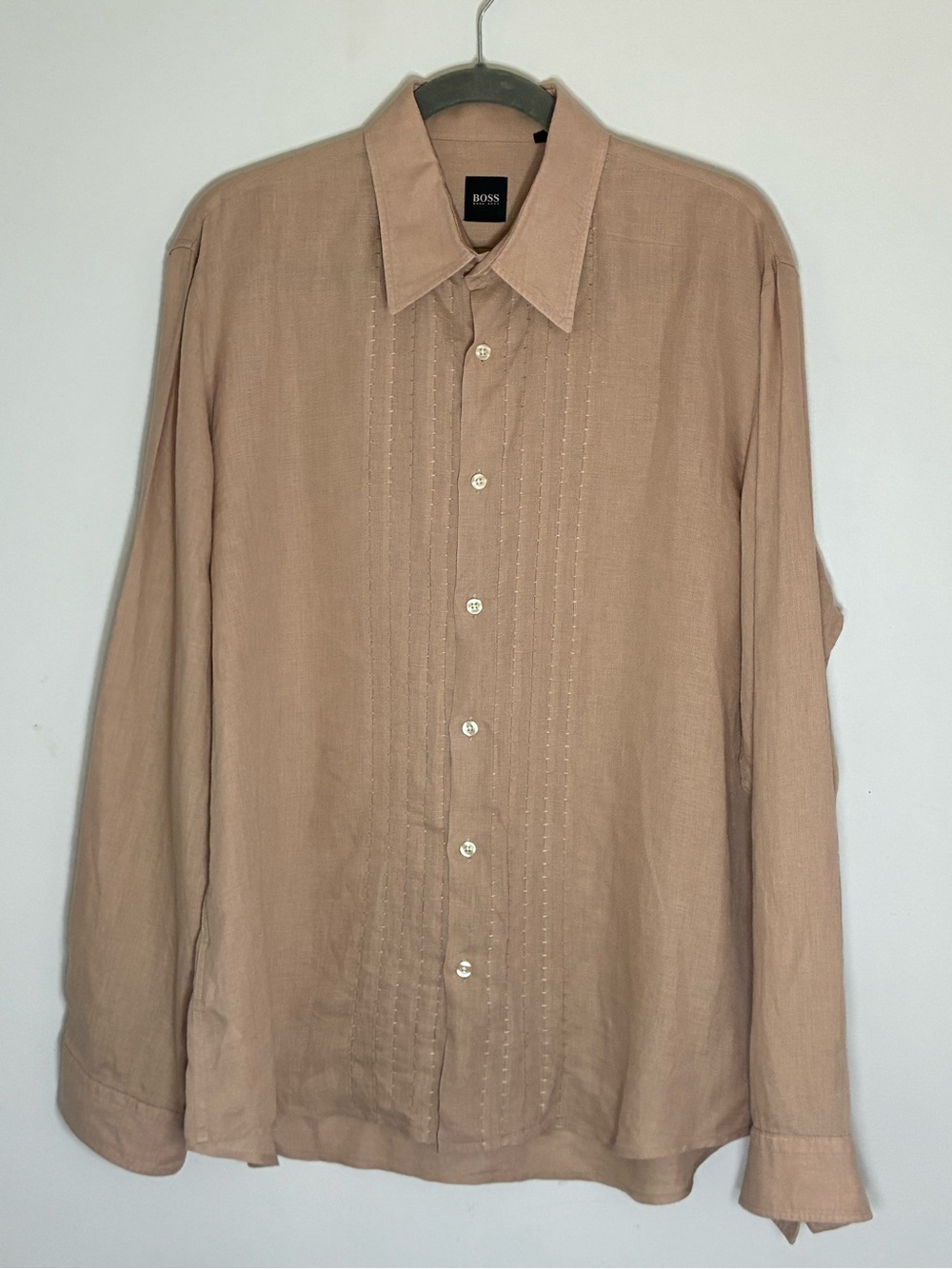 BOSS Hugo Boss 100% Linen Tan Shirt Decorative Stitching Large